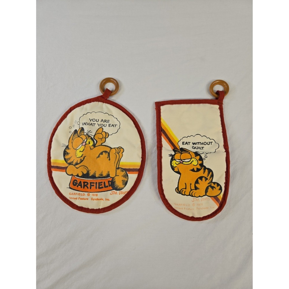 Vintage Garfield Cat Oven Mitt & Pot Holder Set Jim Davis 1978 United Feature